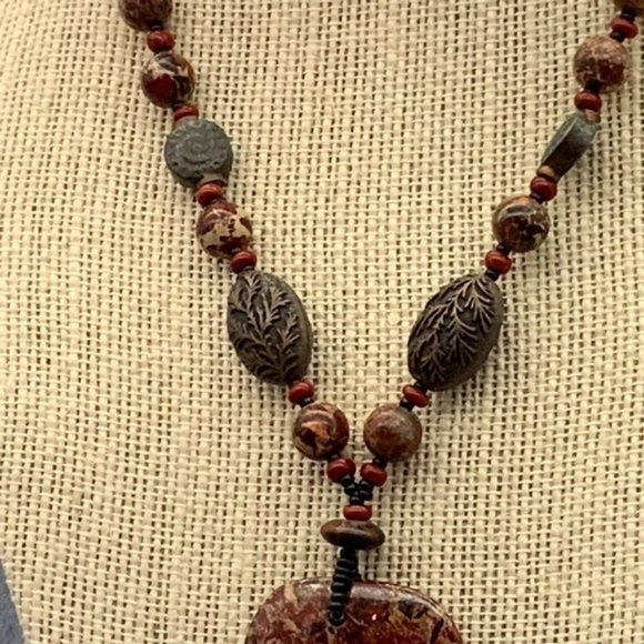 Jasper Stone Necklace Pendant Branch Oval Red Brown Copper Gray - Picture 3 of 10